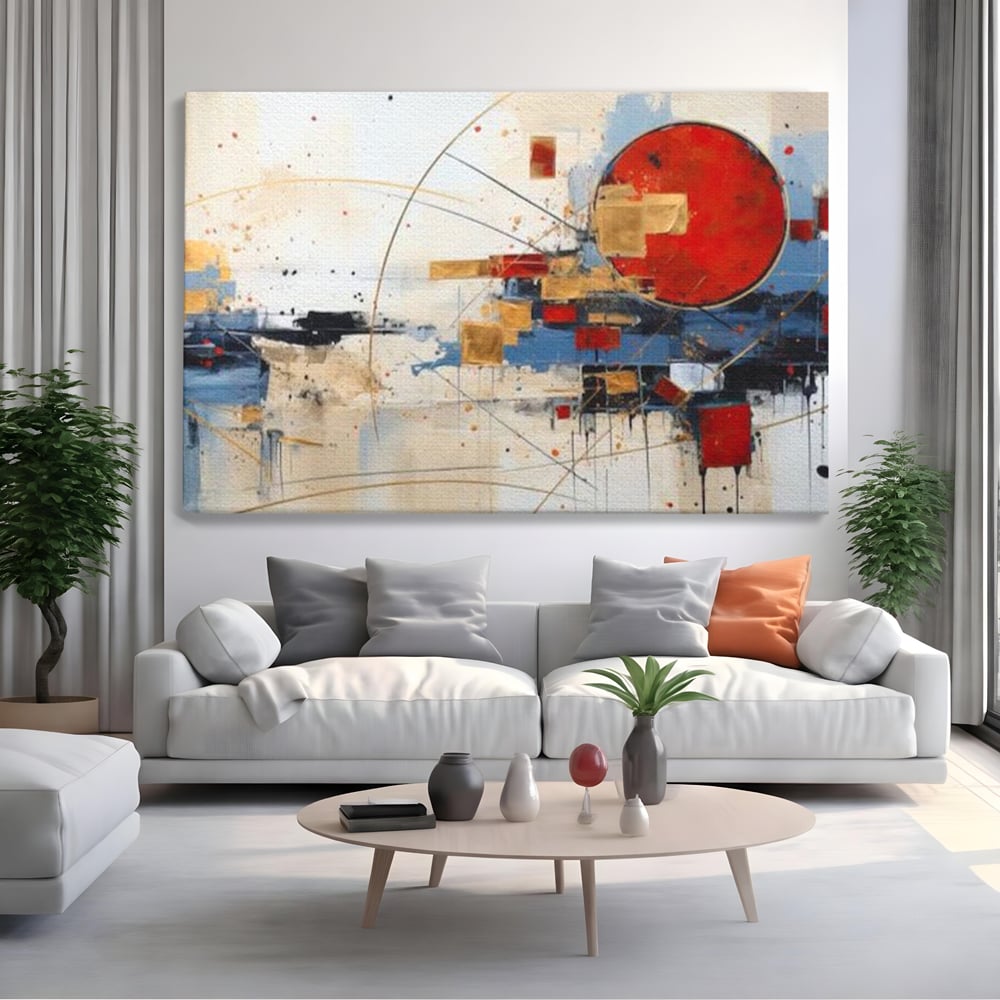 Tablou canvas cu tablou abstract cu cerc rosu si linii, fara rama, pe sasiu de lemn, pe perete intr-un living